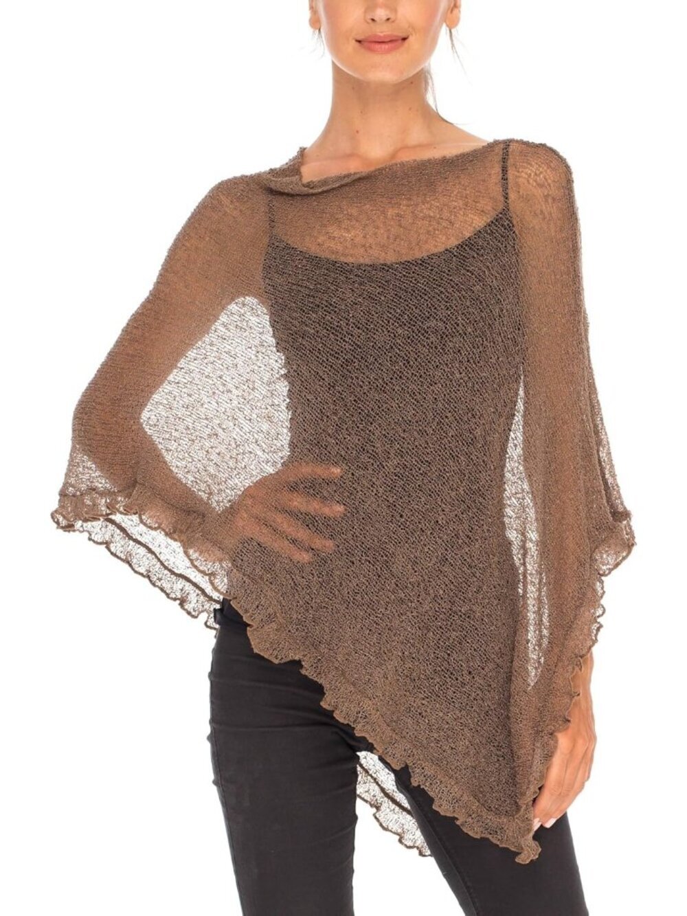 Women’s Mocha Sheer Knit Poncho Shrug Lightweight Asymmetrical Ruffle Wraps